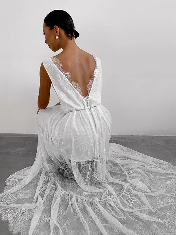 Eyelash Trim Lace Maxi Dress for Women - Sexy Deep V Neck Sleeveless Sheer Tiered Sundress - Summer Beach Party 2026