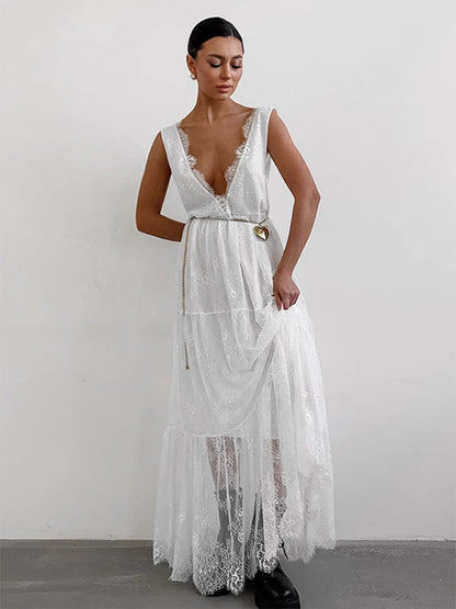 Eyelash Trim Lace Maxi Dress for Women - Sexy Deep V Neck Sleeveless Sheer Tiered Sundress - Summer Beach Party 2026
