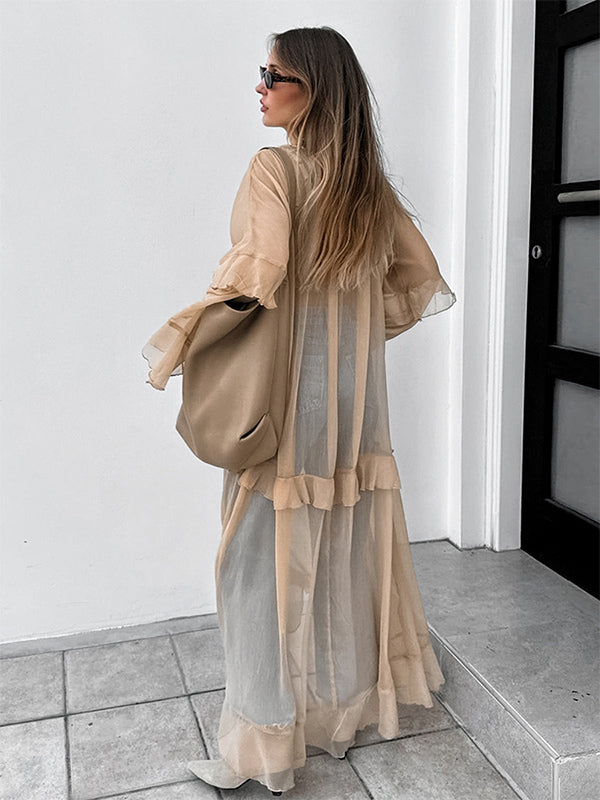 Sheer Chiffon Maxi Dress for Women - Khaki Boho Ruffle Flare Sleeve V Neck Flowy Cover Up - Spring Summer Casual 2026