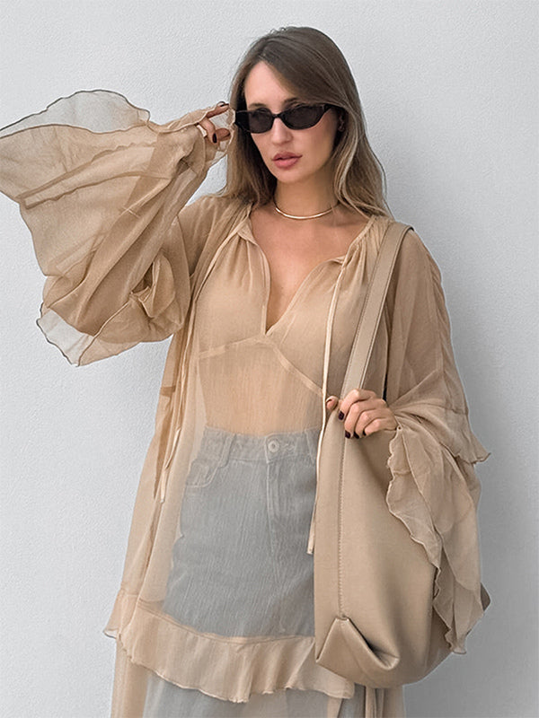 Sheer Chiffon Maxi Dress for Women - Khaki Boho Ruffle Flare Sleeve V Neck Flowy Cover Up - Spring Summer Casual 2026