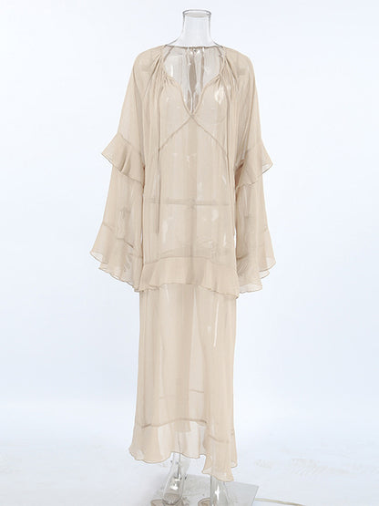 Sheer Chiffon Maxi Dress for Women - Khaki Boho Ruffle Flare Sleeve V Neck Flowy Cover Up - Spring Summer Casual 2026