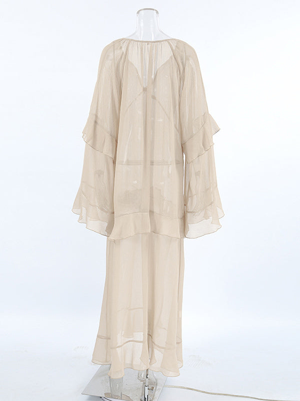 Sheer Chiffon Maxi Dress for Women - Khaki Boho Ruffle Flare Sleeve V Neck Flowy Cover Up - Spring Summer Casual 2026