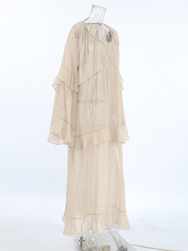 Sheer Chiffon Maxi Dress for Women - Khaki Boho Ruffle Flare Sleeve V Neck Flowy Cover Up - Spring Summer Casual 2026