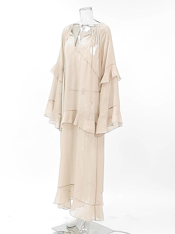 Sheer Chiffon Maxi Dress for Women - Khaki Boho Ruffle Flare Sleeve V Neck Flowy Cover Up - Spring Summer Casual 2026