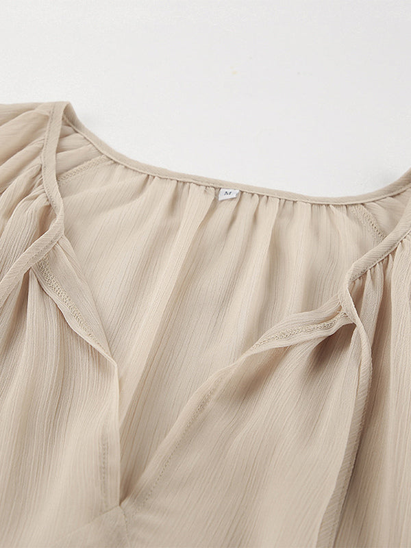 Sheer Chiffon Maxi Dress for Women - Khaki Boho Ruffle Flare Sleeve V Neck Flowy Cover Up - Spring Summer Casual 2026