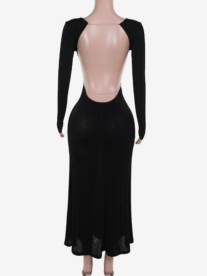Open Back Maxi Party Dress Long Sleeve Crew Neck Long Dress For Women 2026