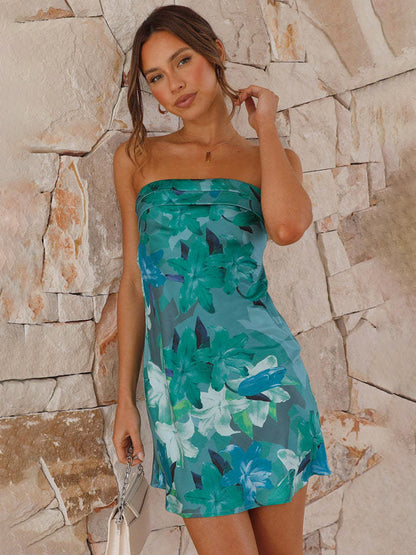 Strapless Floral Printed Mini Dress for Women - Sexy Backless Sheath Sundress - Summer Beach Party 2026