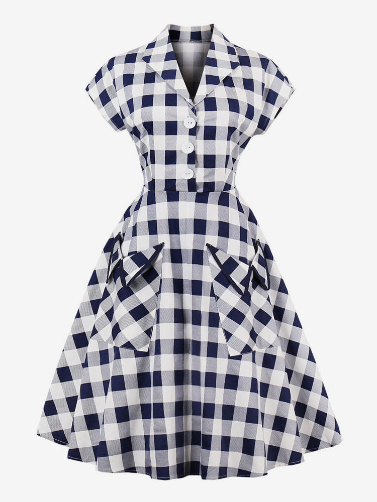 Gingham Vintage Dress Short Sleeve Hepburn Style A-line Midi Dress For Women 2026