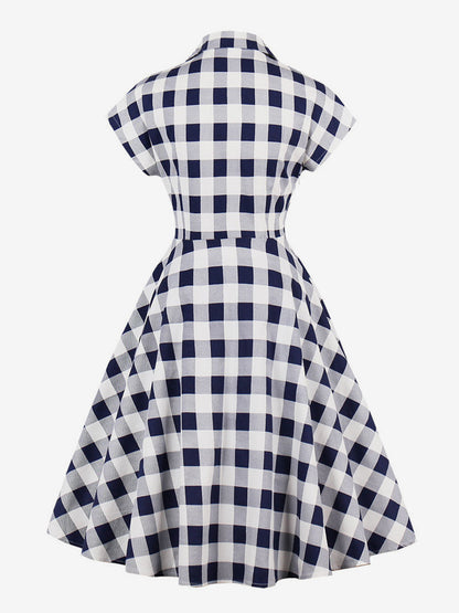 Gingham Vintage Dress Short Sleeve Hepburn Style A-line Midi Dress For Women 2026