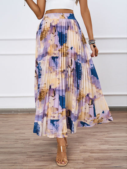 Artistic Print Pleated Maxi Skirt For Women 2026