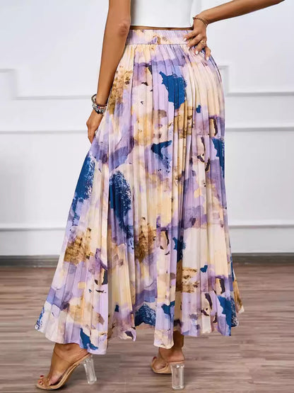 Artistic Print Pleated Maxi Skirt For Women 2026