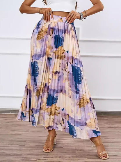 Artistic Print Pleated Maxi Skirt For Women 2026