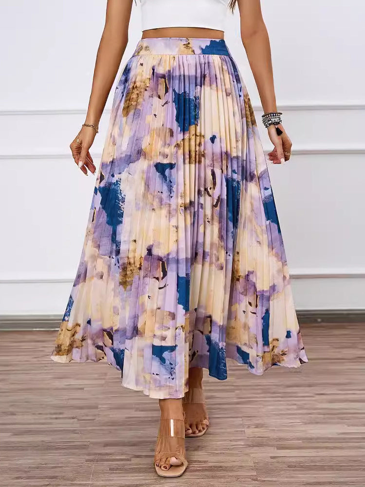 Artistic Print Pleated Maxi Skirt For Women 2026