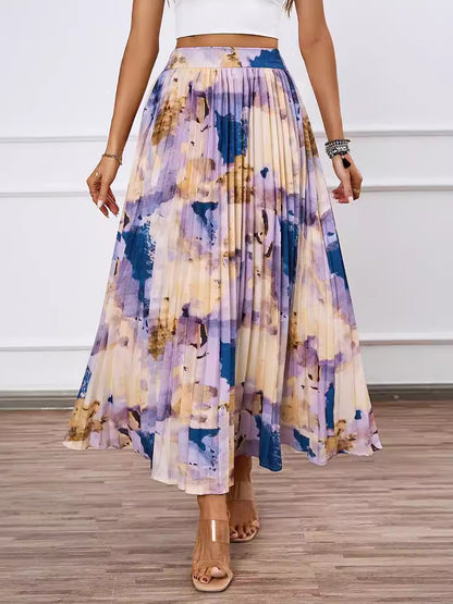 Artistic Print Pleated Maxi Skirt For Women 2026