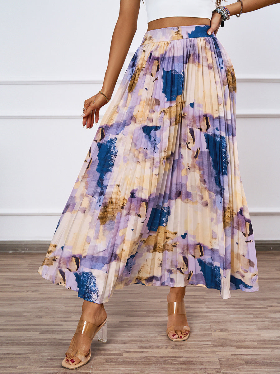 Artistic Print Pleated Maxi Skirt For Women 2026