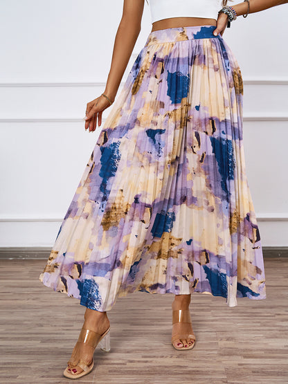 Artistic Print Pleated Maxi Skirt For Women 2026