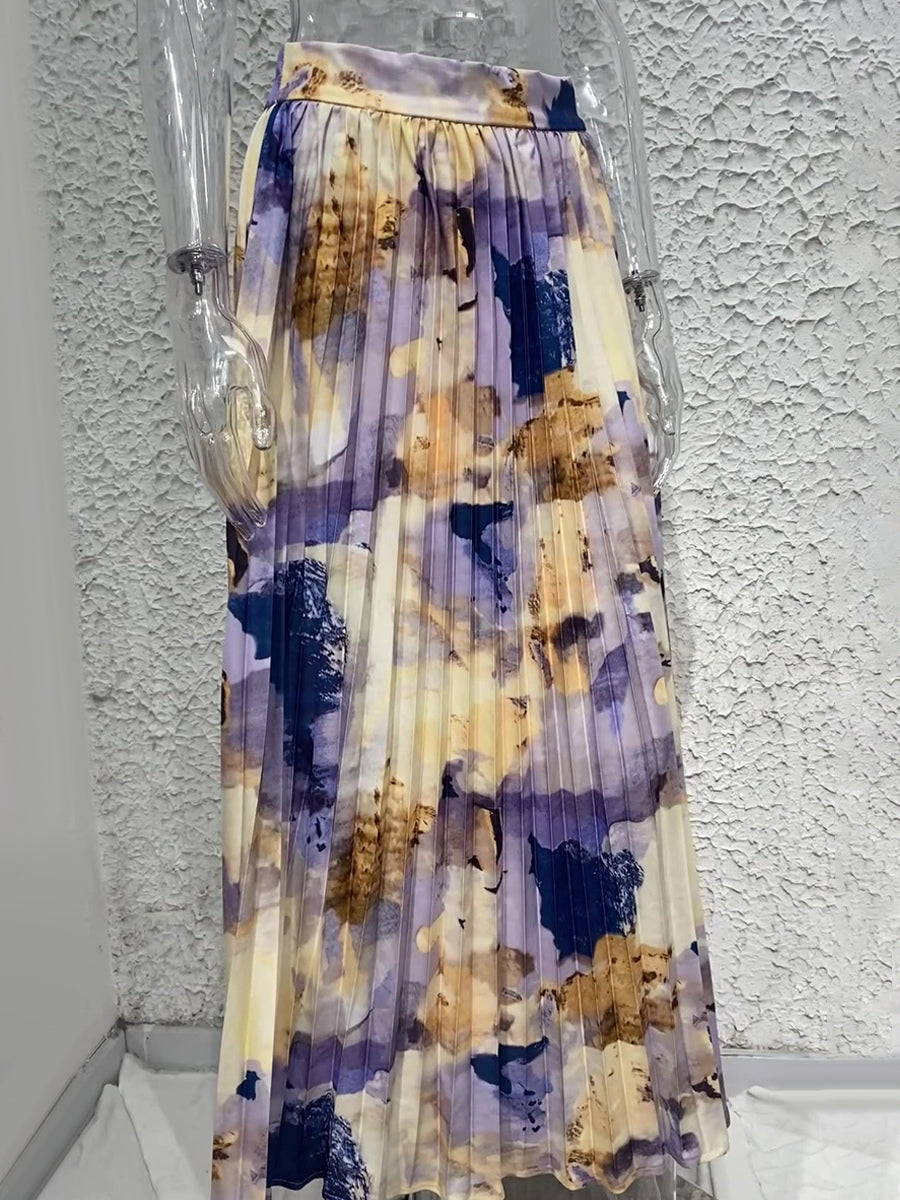 Artistic Print Pleated Maxi Skirt For Women 2026
