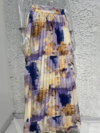 Artistic Print Pleated Maxi Skirt For Women 2026