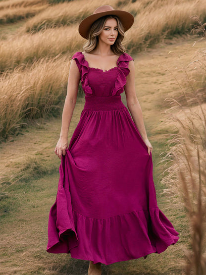 Smocked Waist Maxi Boho Dress for Women - Flutter Sleeve Square Neck Tiered Ruffle Flowy Gown - Summer Beach Sundress 2026