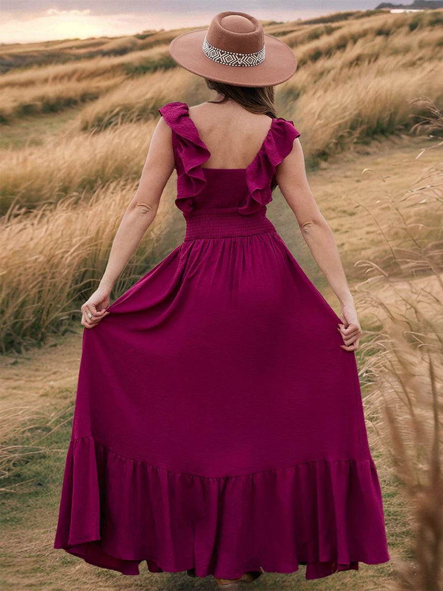 Smocked Waist Maxi Boho Dress for Women - Flutter Sleeve Square Neck Tiered Ruffle Flowy Gown - Summer Beach Sundress 2026