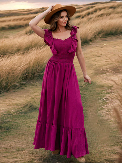 Smocked Waist Maxi Boho Dress for Women - Flutter Sleeve Square Neck Tiered Ruffle Flowy Gown - Summer Beach Sundress 2026