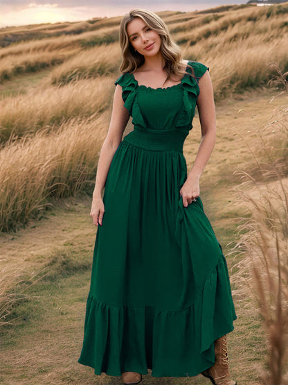Smocked Waist Maxi Boho Dress for Women - Flutter Sleeve Square Neck Tiered Ruffle Flowy Gown - Summer Beach Sundress 2026