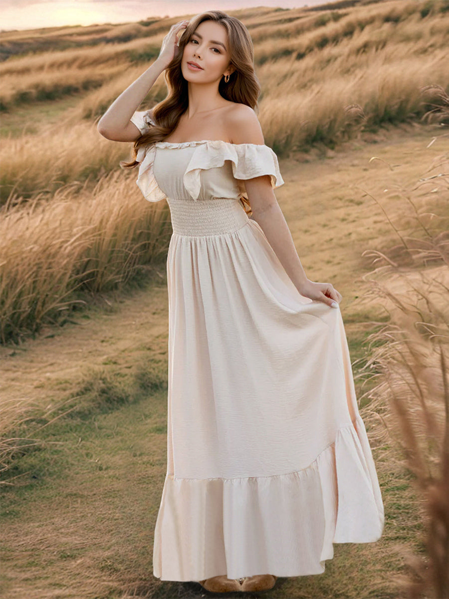 Smocked Waist Maxi Boho Dress for Women - Flutter Sleeve Square Neck Tiered Ruffle Flowy Gown - Summer Beach Sundress 2026