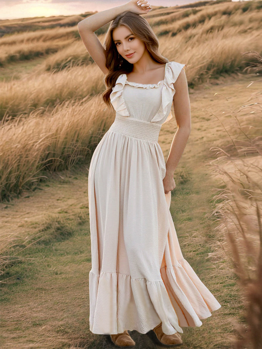 Smocked Waist Maxi Boho Dress for Women - Flutter Sleeve Square Neck Tiered Ruffle Flowy Gown - Summer Beach Sundress 2026