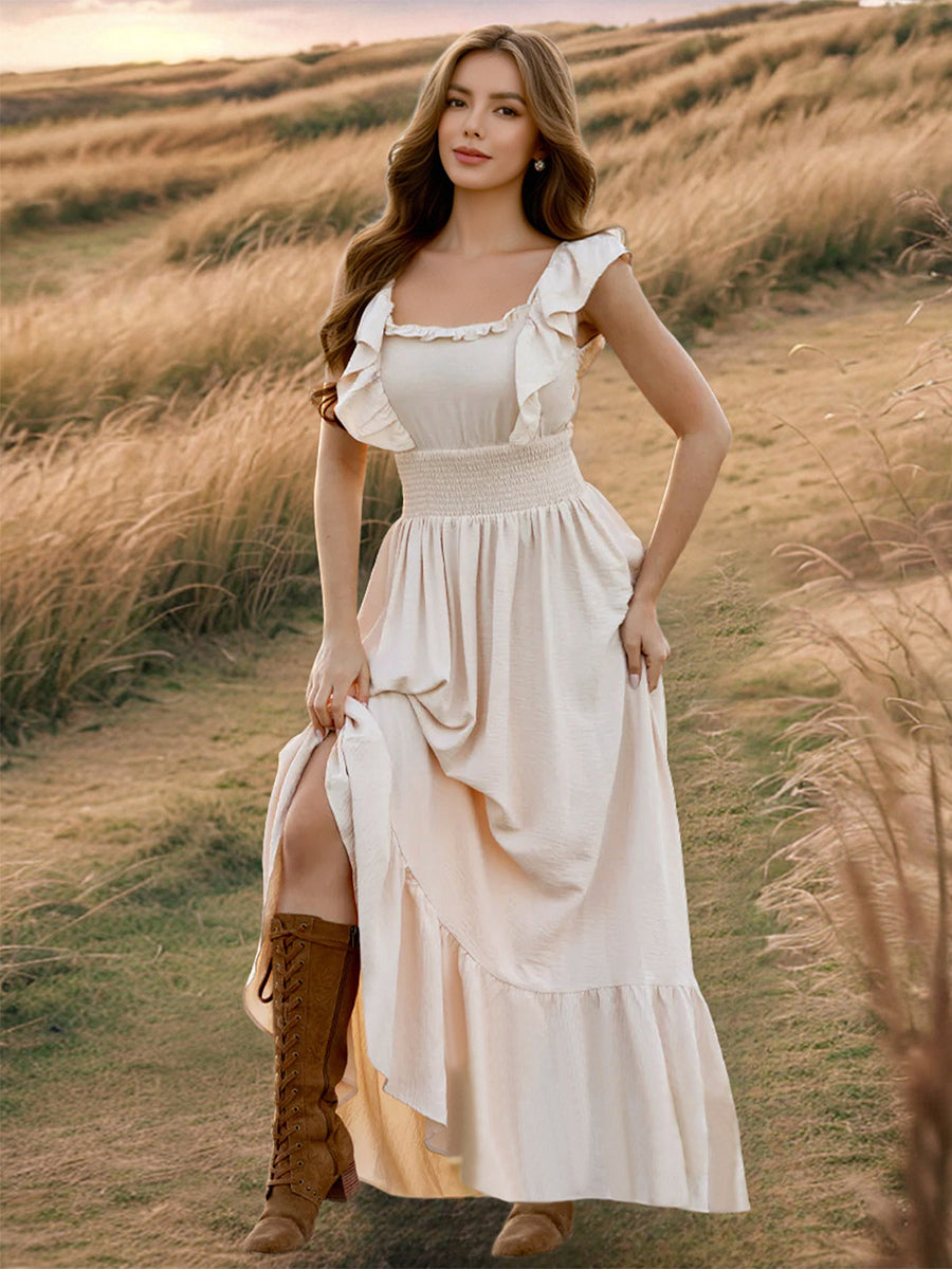Smocked Waist Maxi Boho Dress for Women - Flutter Sleeve Square Neck Tiered Ruffle Flowy Gown - Summer Beach Sundress 2026