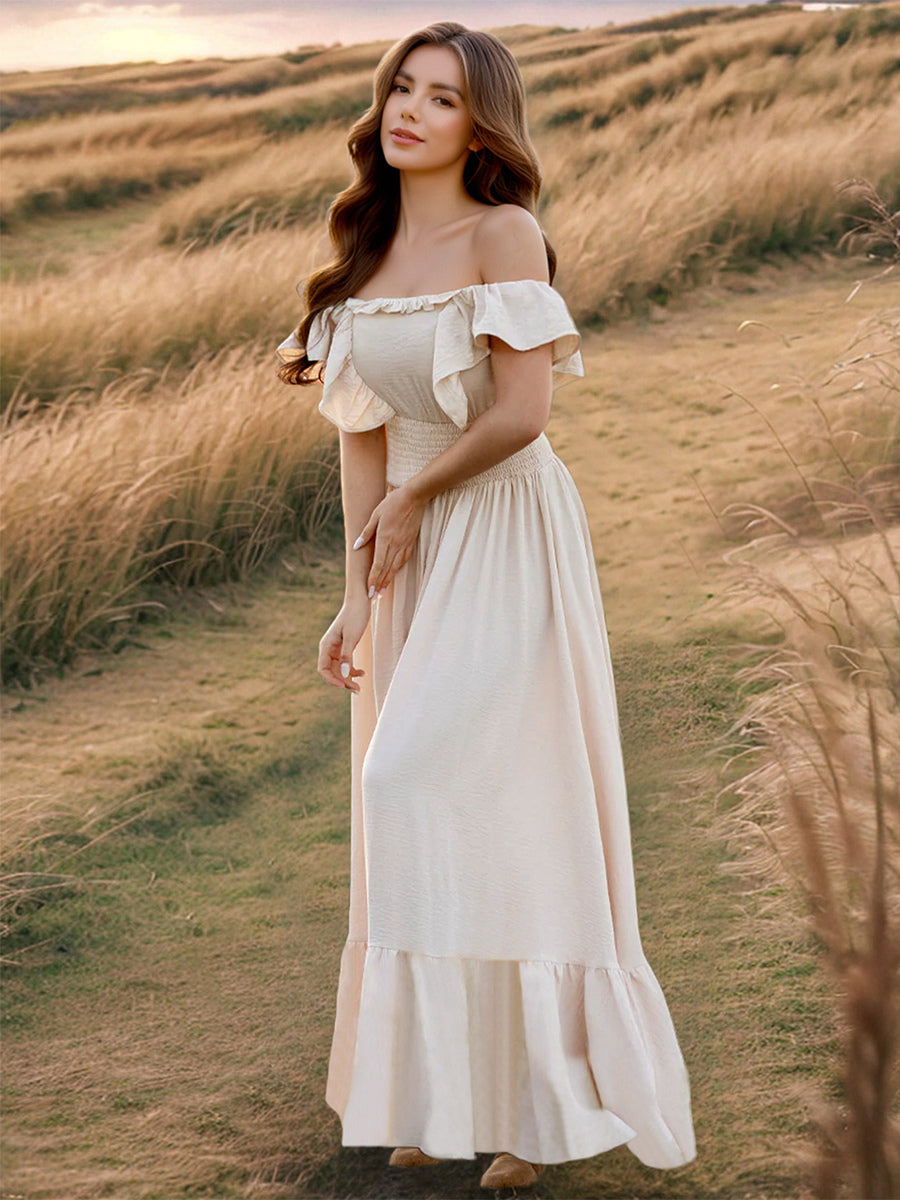 Smocked Waist Maxi Boho Dress for Women - Flutter Sleeve Square Neck Tiered Ruffle Flowy Gown - Summer Beach Sundress 2026