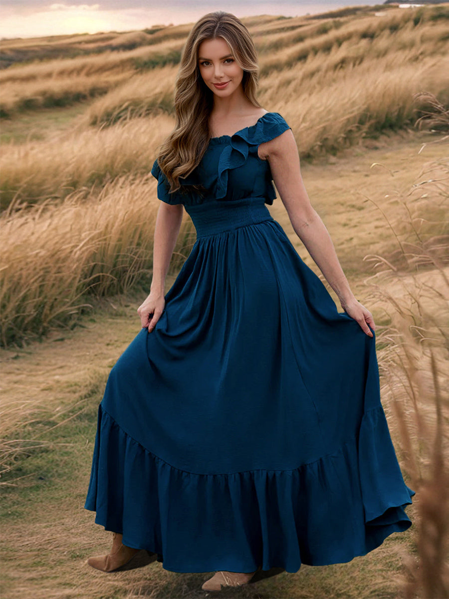 Smocked Waist Maxi Boho Dress for Women - Flutter Sleeve Square Neck Tiered Ruffle Flowy Gown - Summer Beach Sundress 2026