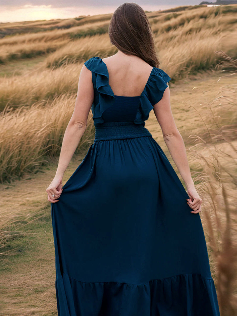 Smocked Waist Maxi Boho Dress for Women - Flutter Sleeve Square Neck Tiered Ruffle Flowy Gown - Summer Beach Sundress 2026