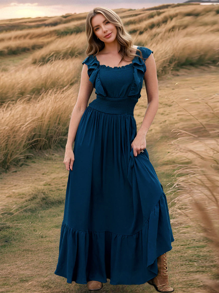 Smocked Waist Maxi Boho Dress for Women - Flutter Sleeve Square Neck Tiered Ruffle Flowy Gown - Summer Beach Sundress 2026