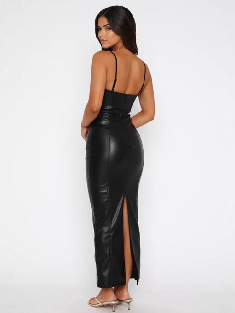 Black Faux Leather Maxi Dress Sexy Bodycon Slip Party Dress For Women 2026