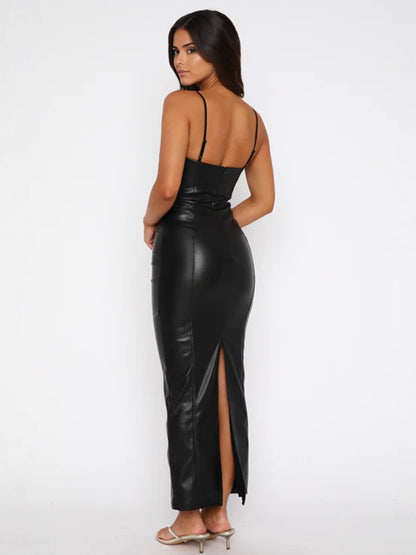 Black Faux Leather Maxi Dress Sexy Bodycon Slip Party Dress For Women 2026