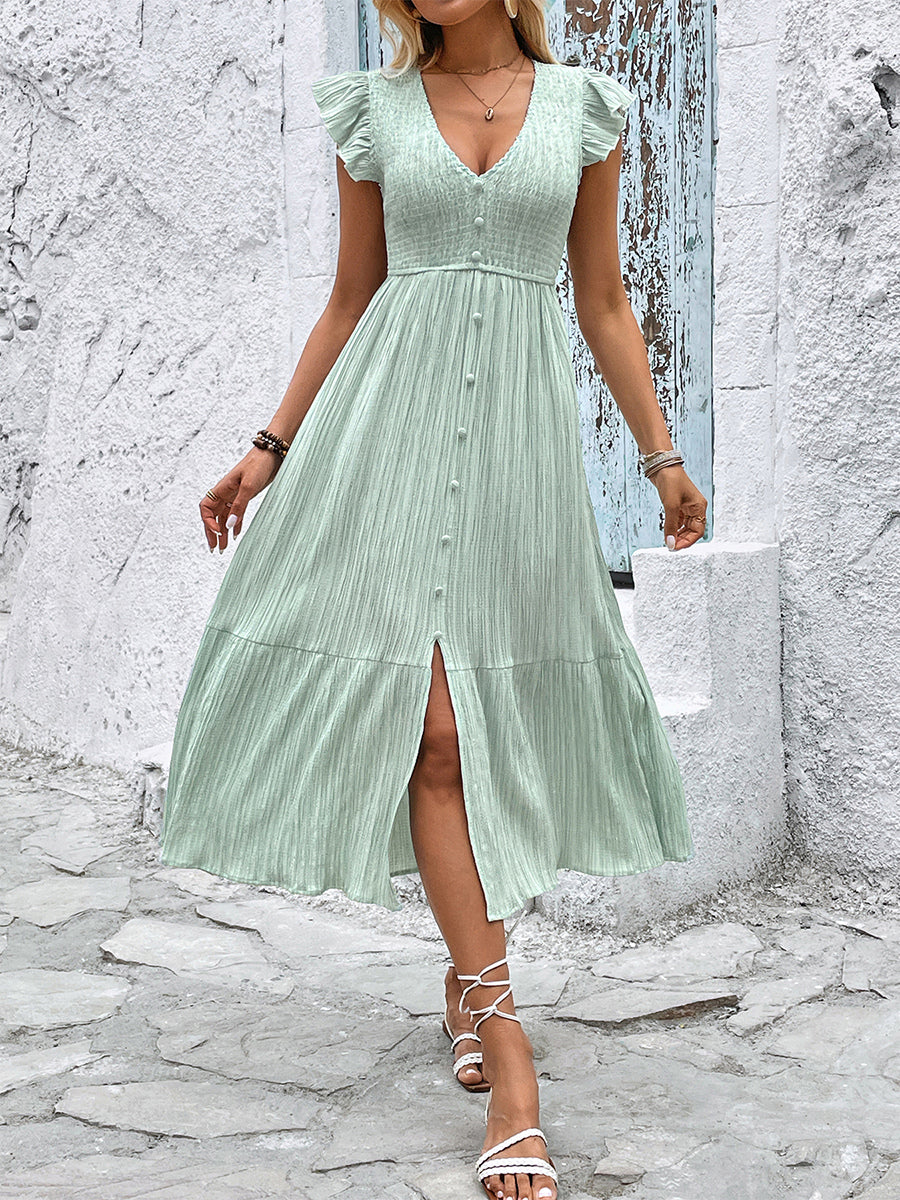 Sage Green Midi Sundress for Women - Flutter Sleeve Smocked Button Front Tiered A Line Dress - Summer Beach Vacation 2026