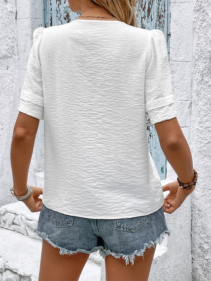 White V-neck Blouse With Lace Embroidery And Button Front 2026