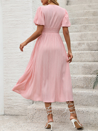 Pastel Pink Midi Tea Dress for Women - Puff Sleeve Ruched Bust Button Front High Waist Flare Dress - Summer Vacation 2026