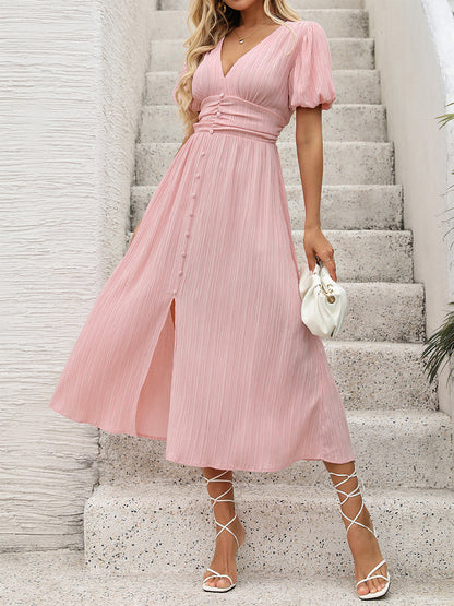 Pastel Pink Midi Tea Dress for Women - Puff Sleeve Ruched Bust Button Front High Waist Flare Dress - Summer Vacation 2026