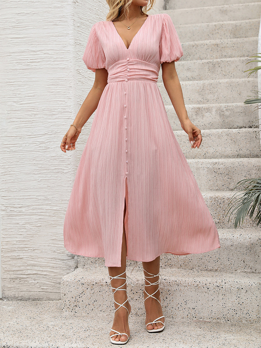 Pastel Pink Midi Tea Dress for Women - Puff Sleeve Ruched Bust Button Front High Waist Flare Dress - Summer Vacation 2026