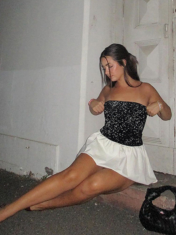 Sequin Strapless Mini Dress With Puff Skirt 2026