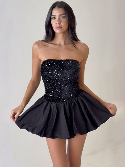 Sequin Strapless Mini Dress With Puff Skirt 2026
