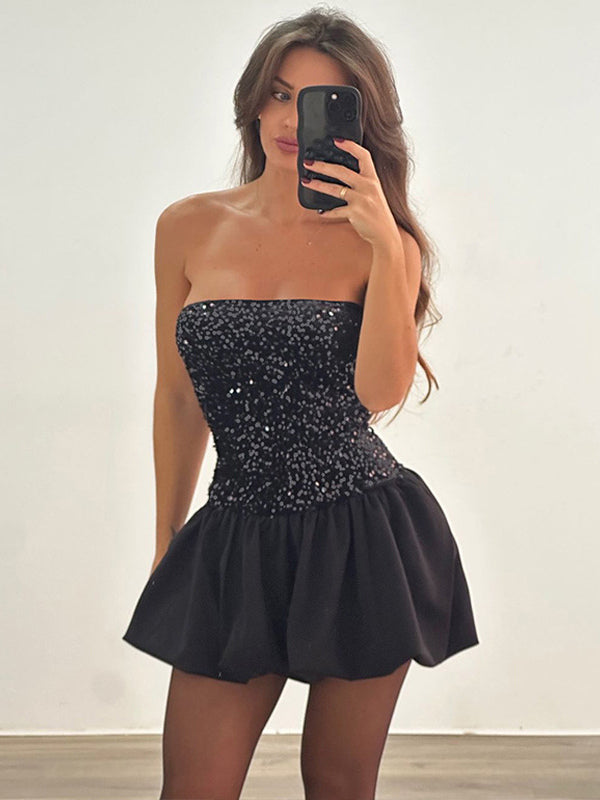 Sequin Strapless Mini Dress With Puff Skirt 2026