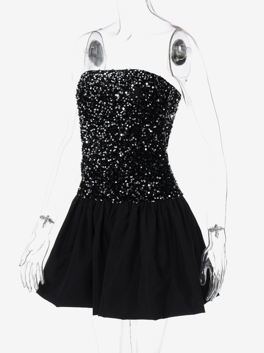 Sequin Strapless Mini Dress With Puff Skirt 2026