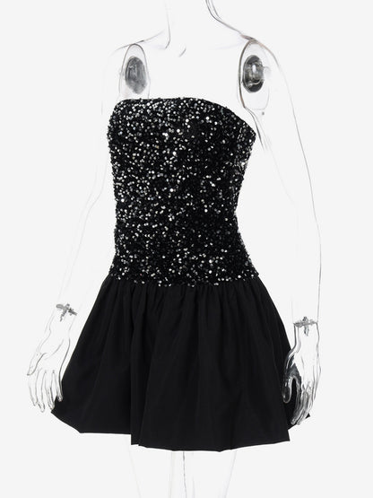 Sequin Strapless Mini Dress With Puff Skirt 2026