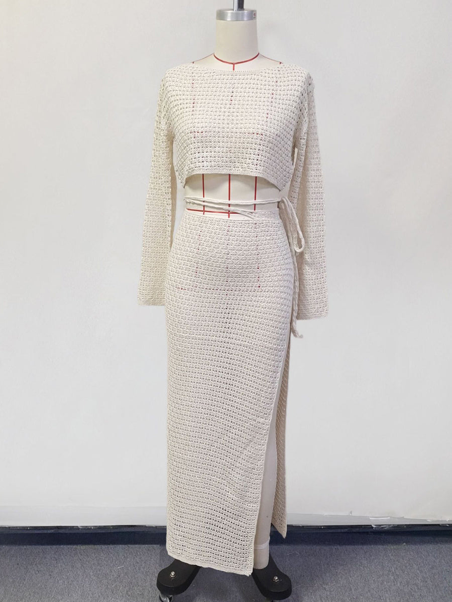 Crochet Two Piece Co-ord Set Long Sleeves Crop Top And High-slit Skirt Beach Cover-up 2026
