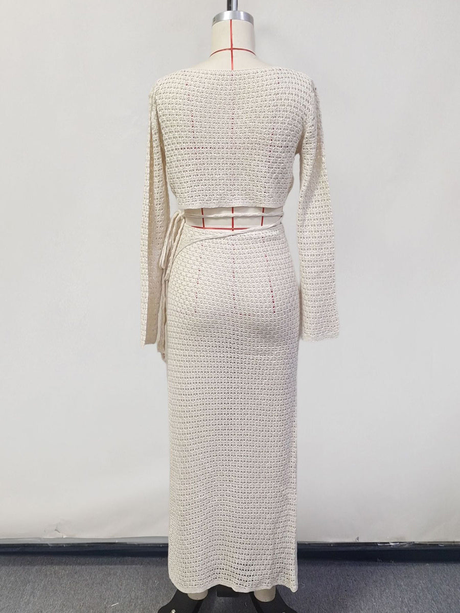 Crochet Two Piece Co-ord Set Long Sleeves Crop Top And High-slit Skirt Beach Cover-up 2026