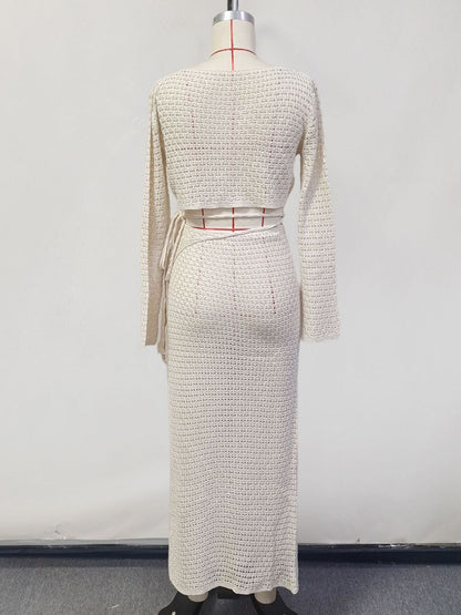 Crochet Two Piece Co-ord Set Long Sleeves Crop Top And High-slit Skirt Beach Cover-up 2026