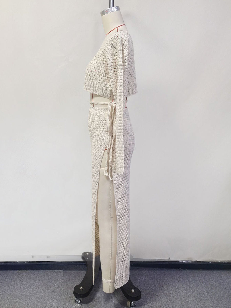 Crochet Two Piece Co-ord Set Long Sleeves Crop Top And High-slit Skirt Beach Cover-up 2026