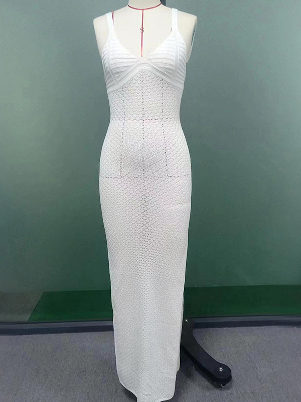 White Crochet Maxi Dress for Women - Boho V Neck Sleeveless Side Slit Bodycon Knit Long Dress - Summer Beach Resort 2026